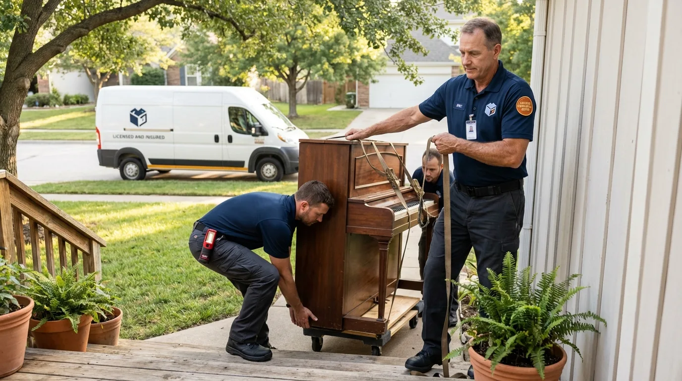 Licensed piano movers securing grand piano in Greenwood Lake, NY