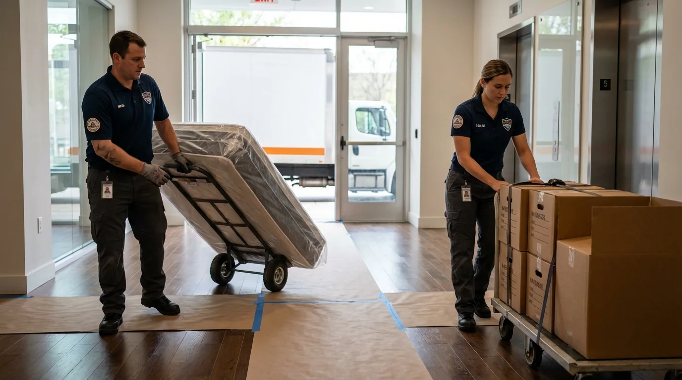 Professional apartment movers loading elevator in Greenwood Lake, NY