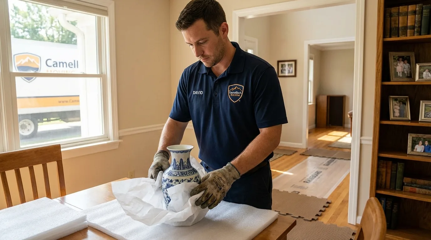 Professional crew carefully wrapping antique vase for senior downsizing move in Greenwood Lake, NY